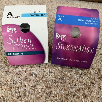 Sz.A Leggs Silken Mist Pantyhose,  Sheer Energy Tights Control Top-Black & Nude